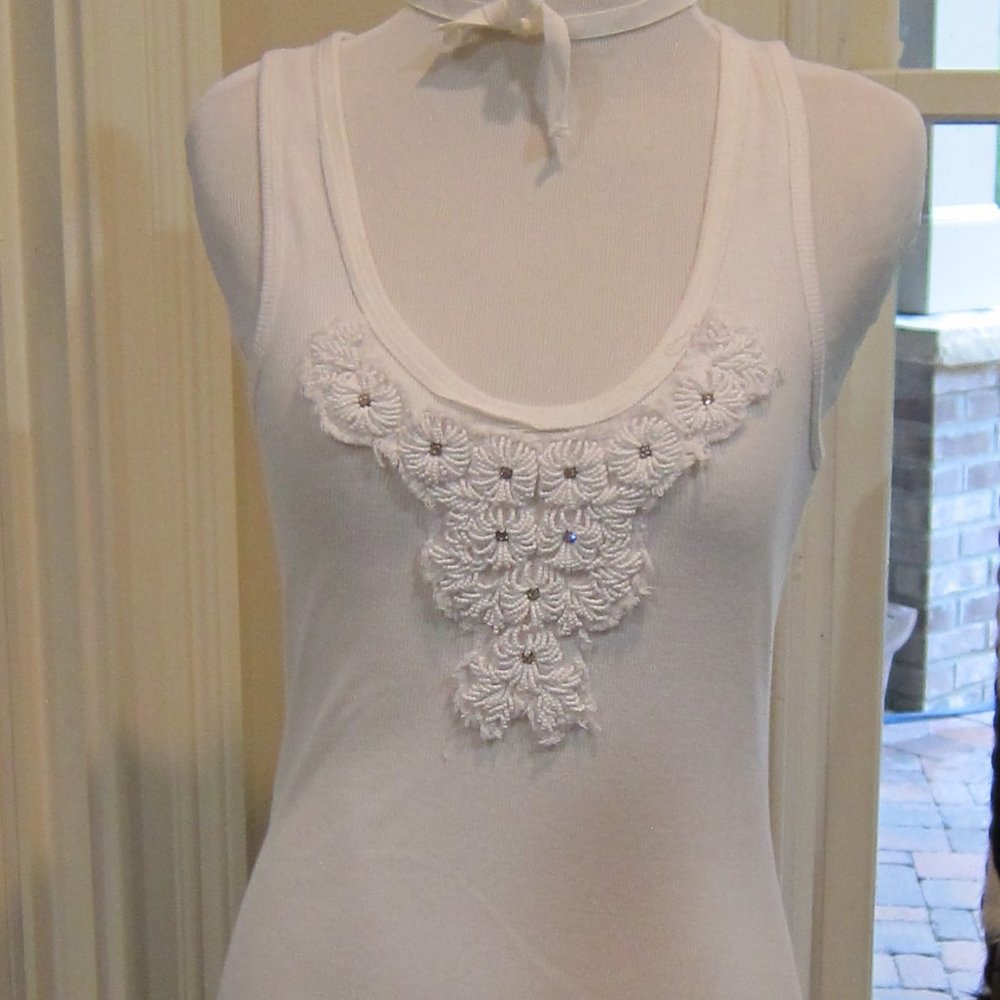 Womens Tory Burch White Beaded Embellished Tee Shirt T-Shirt Tank Top Size M Med
